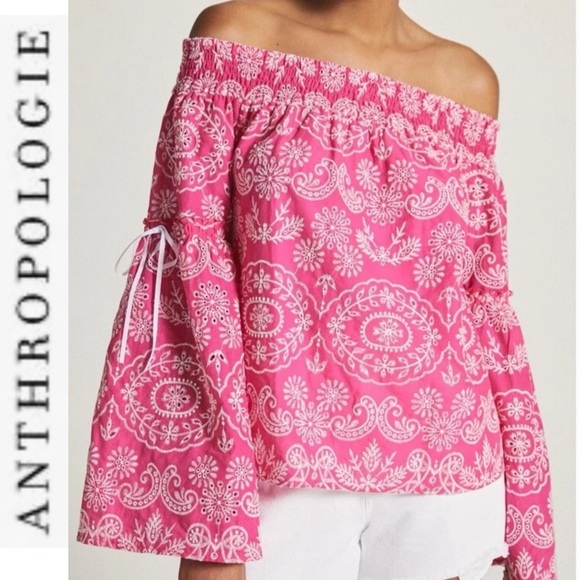 NWT Kasia x Anthropologie Pink Embroidered Off-The-Shoulder Bell Sleeve Top xs - Picture 1 of 14